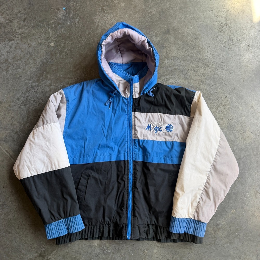 Vintage Orlando Magic Fan Pick Puffer Jacket Hooded Colorblock Mens Large NBA